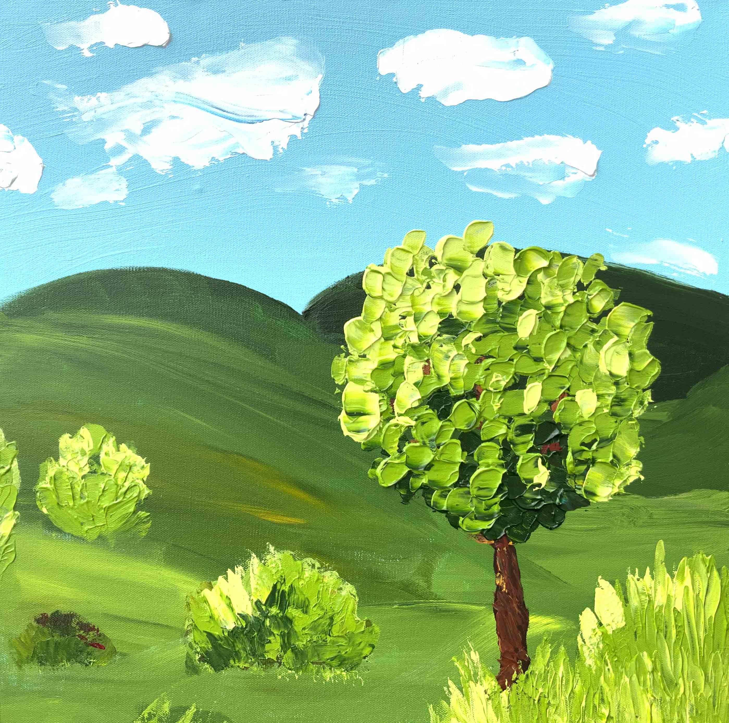 Painting of a landscape with green trees and hills under a blue sky with clouds.