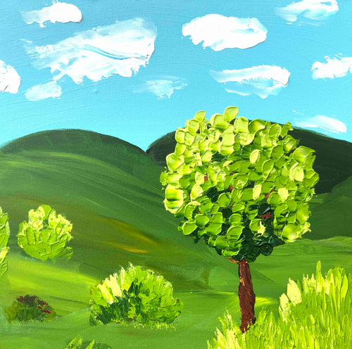Painting of a landscape with green trees and hills under a blue sky with clouds.