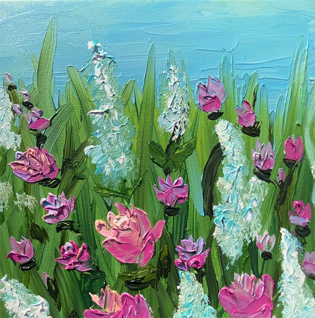 A 12”x12” square impressionistic painting of a flower meadow with pink roses and airy turquoise blossoms, green leaves, and a bright blue sky.  This original painting is by Canadian artist Louanne Ramage. An impressionistic painting of a wildflower meadow with vibrant pink and purple flowers, tall green grasses, and a bright blue sky background, rendered with thick textured paint strokes.