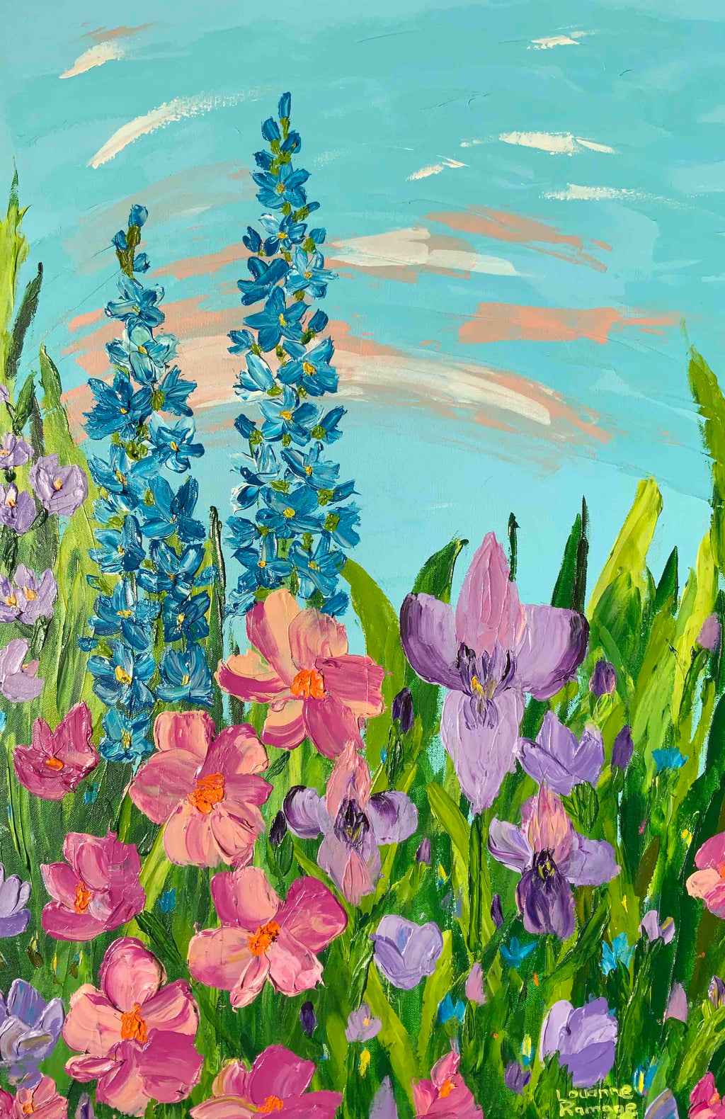 Colorful painting of flowers with a blue sky background