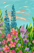 Colorful painting of flowers with a blue sky background