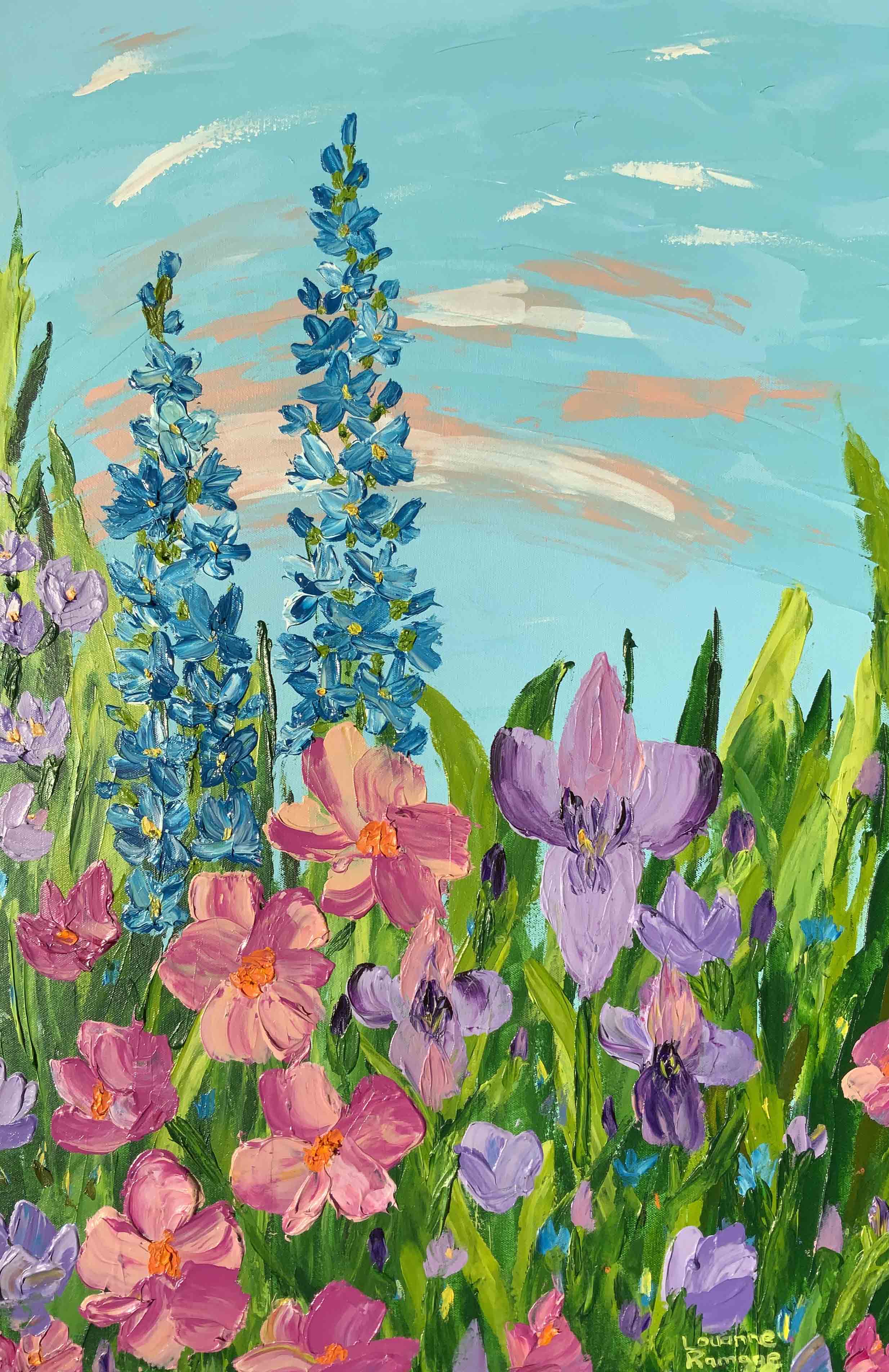 Colorful painting of flowers with a blue sky background