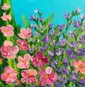 Painting of pink and purple flowers with green leaves on a blue background