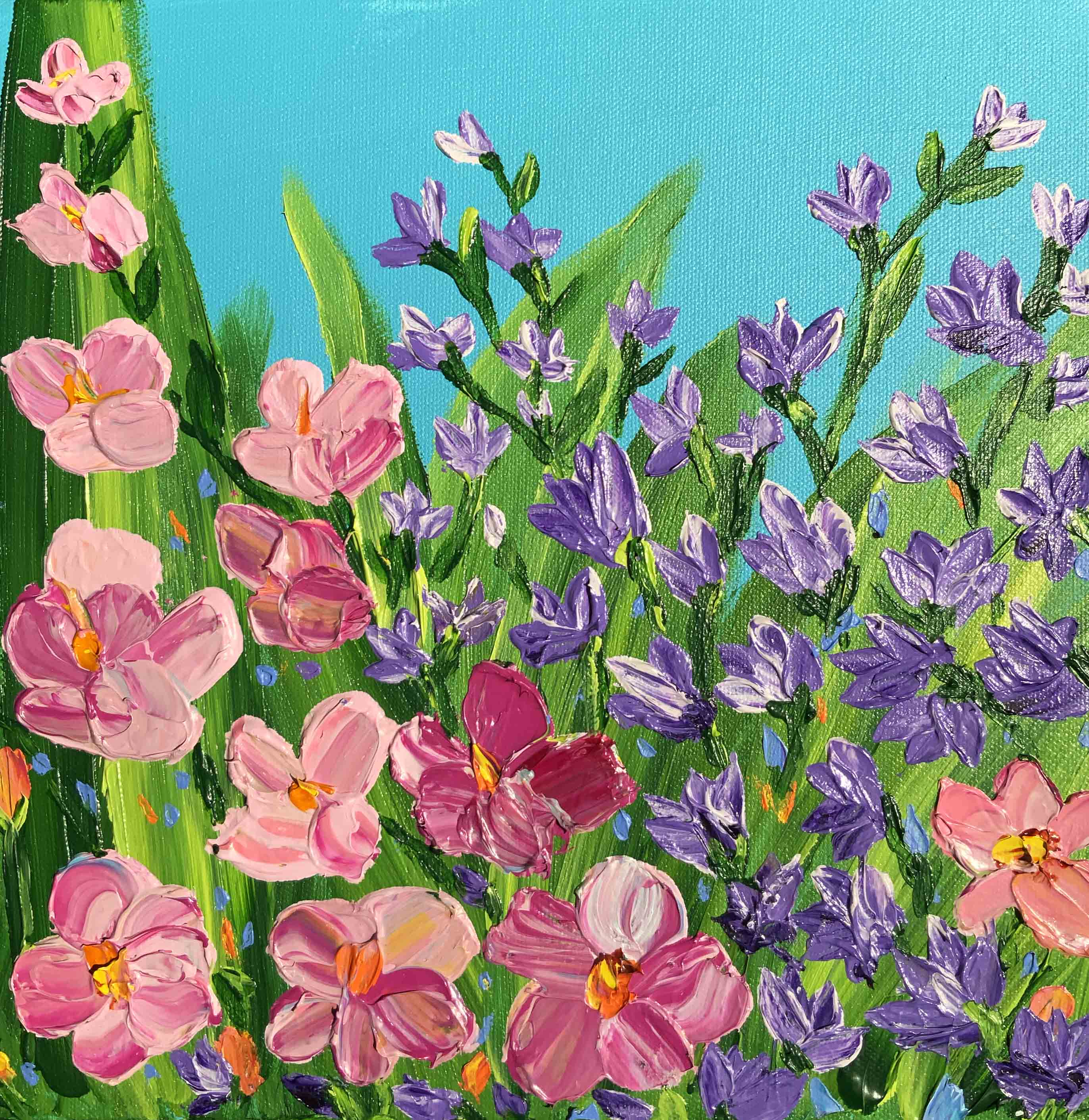 Painting of pink and purple flowers with green leaves on a blue background