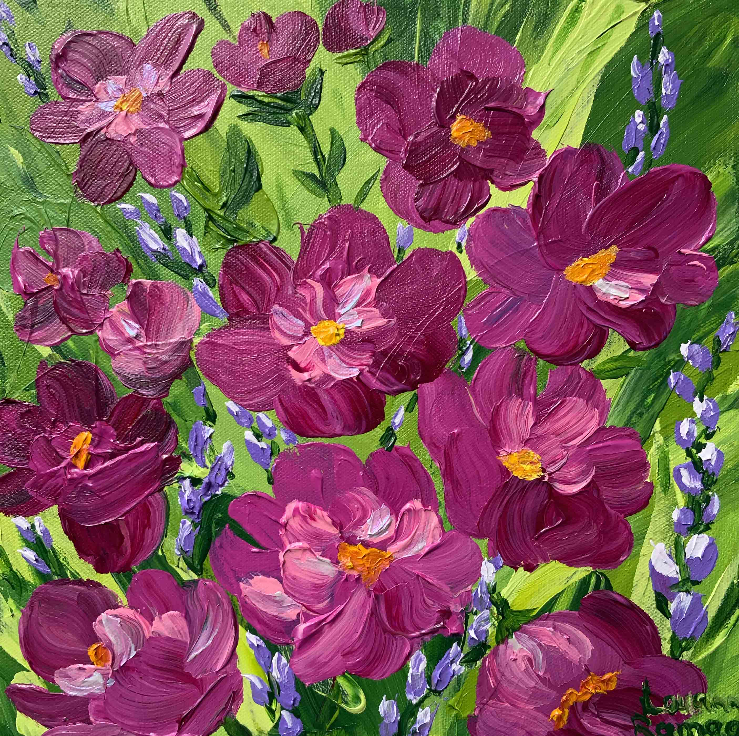 Artistic depiction of pink flowers with green leaves on a textured background