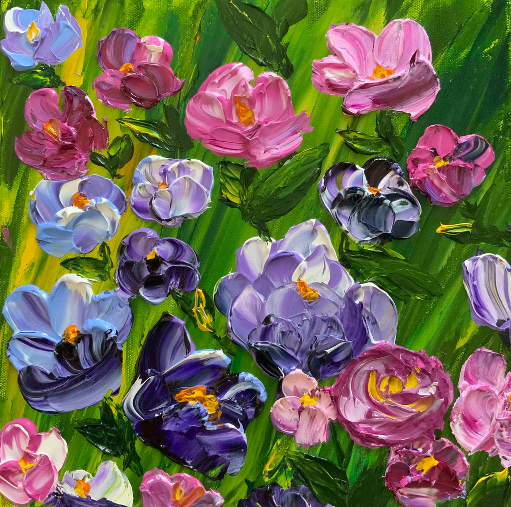 Colorful painting of flowers with a focus on purple and pink hues.