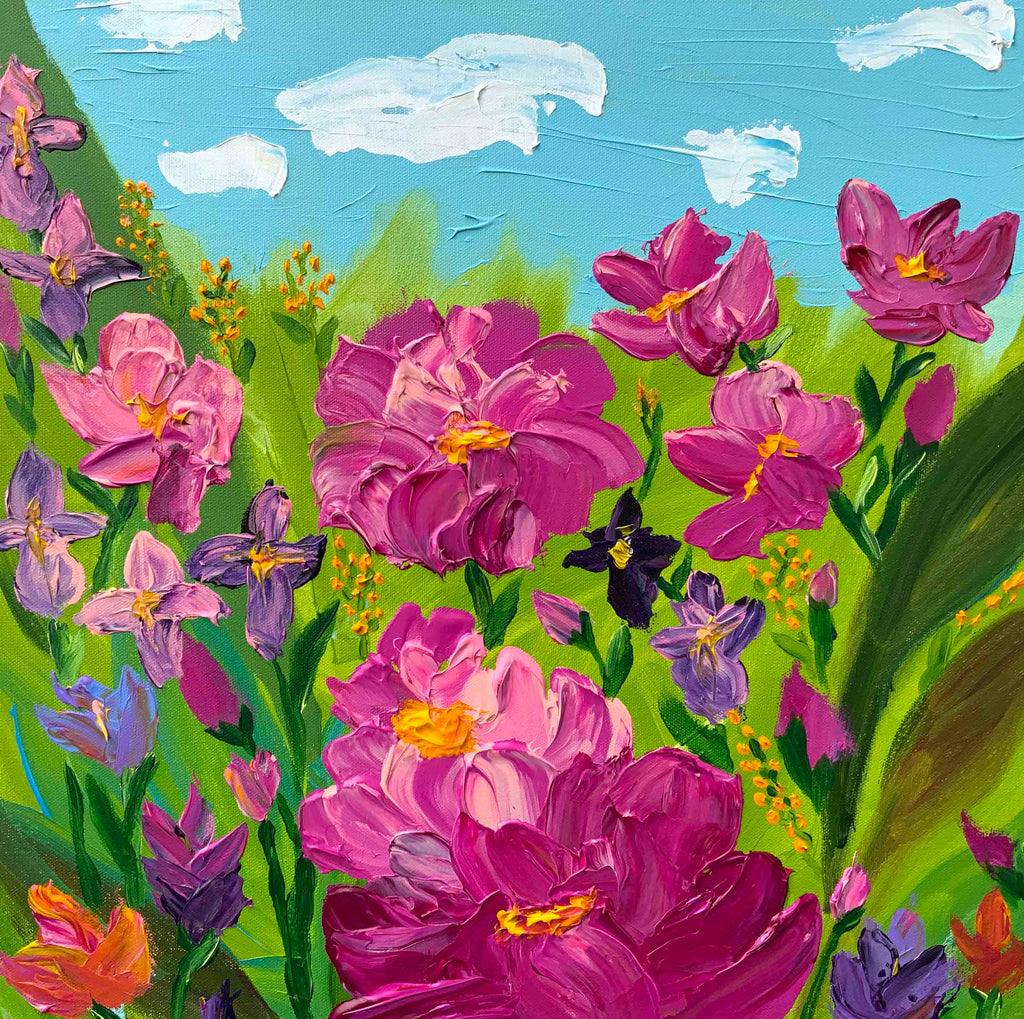 Colorful painting of flowers with a blue sky and green grass.