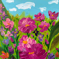 Colorful painting of flowers with a blue sky and green grass.