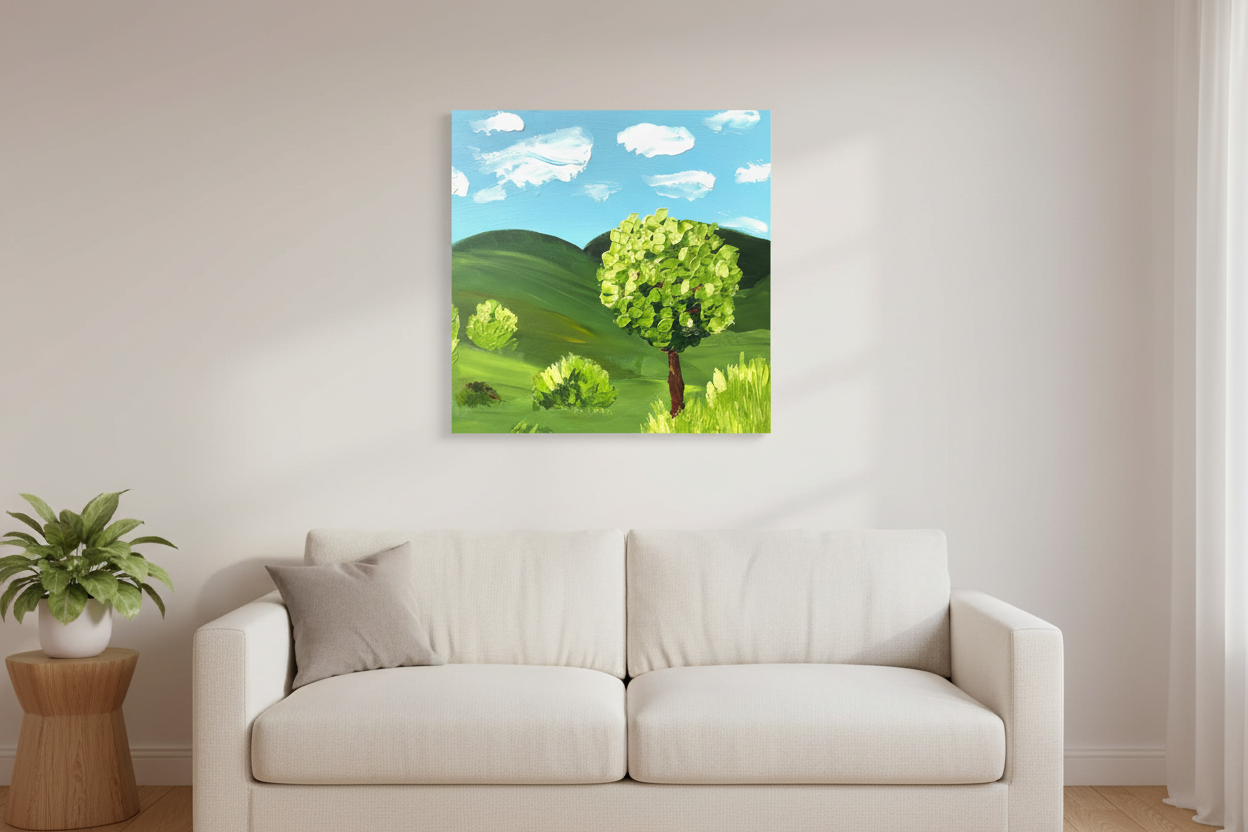 Happy Meadow original impasto acrylic painting 20x20 by Louanne Ramage displayed above a plush cotton couch in an elegant living room setting