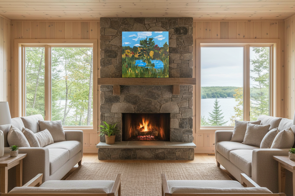 A Gem North of Port Sandfield – original 20x20 unframed impasto acrylic landscape painting displayed in a warm Muskoka cottage living room with stone fireplace and natural wood tones