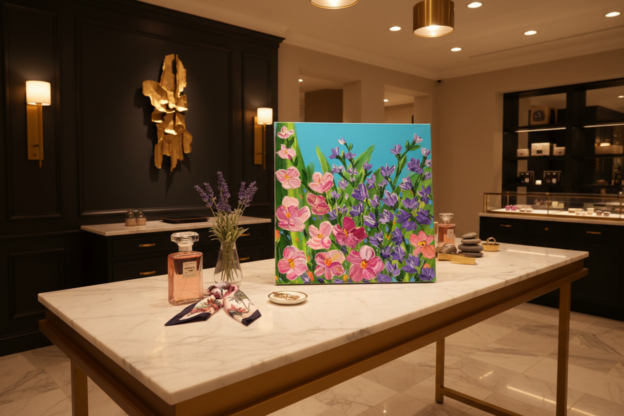 Sunlight's Kiss unframed original impasto floral painting displayed as a proportionate 12x12 accent piece in a luxury retail boutique