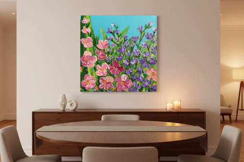 Sunlight's Kiss fine art canvas print 24x24 frameless gallery wrap above dining room sideboard