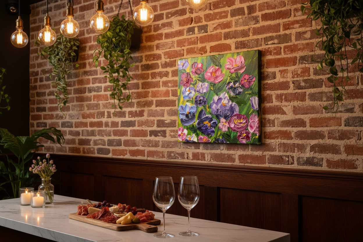 We Grow Together unframed original impasto floral painting displayed as a proportionate 12x12 accent piece in an upscale café and wine bar