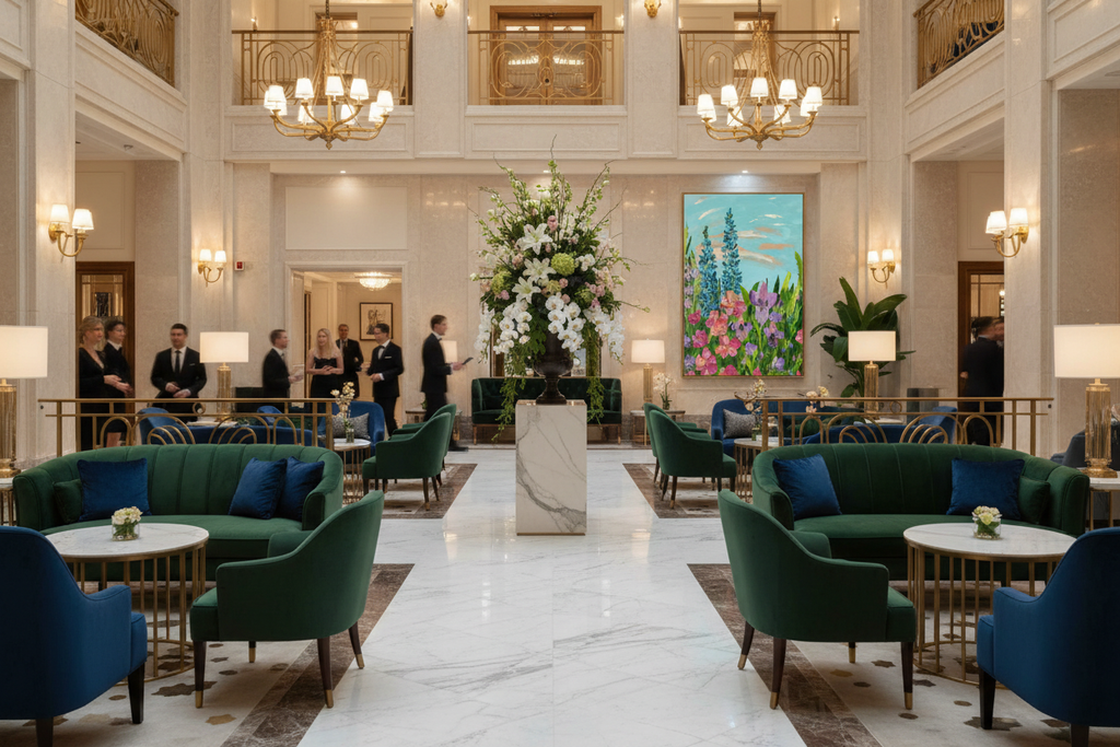Reaching New Heights unframed original impasto floral painting displayed as a tall vertical statement piece in a grand five-star hotel lobby