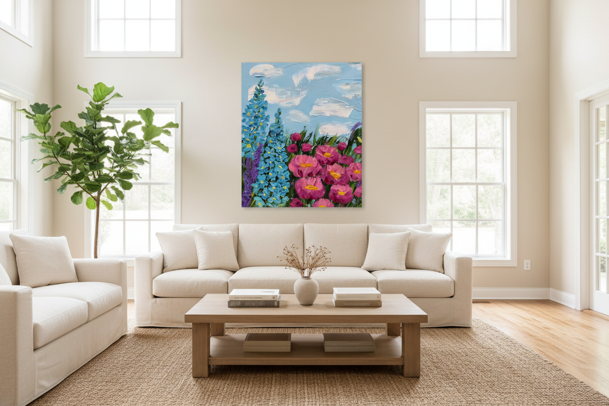 The Silver Lining In Bloom fine art canvas print 36x36 frameless gallery wrap as statement piece in grand living room