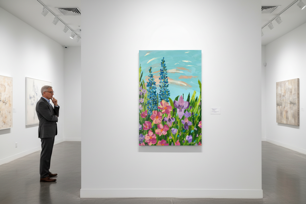 Reaching New Heights unframed original impasto floral painting displayed under gallery track lighting in a prestigious contemporary art gallery