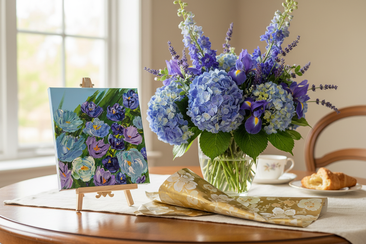 Tender Moments Abound 12x12 original floral impasto acrylic painting displayed as a Mother's Day gift alongside a bouquet of blue, purple and violet flowers with gold floral wrapping paper