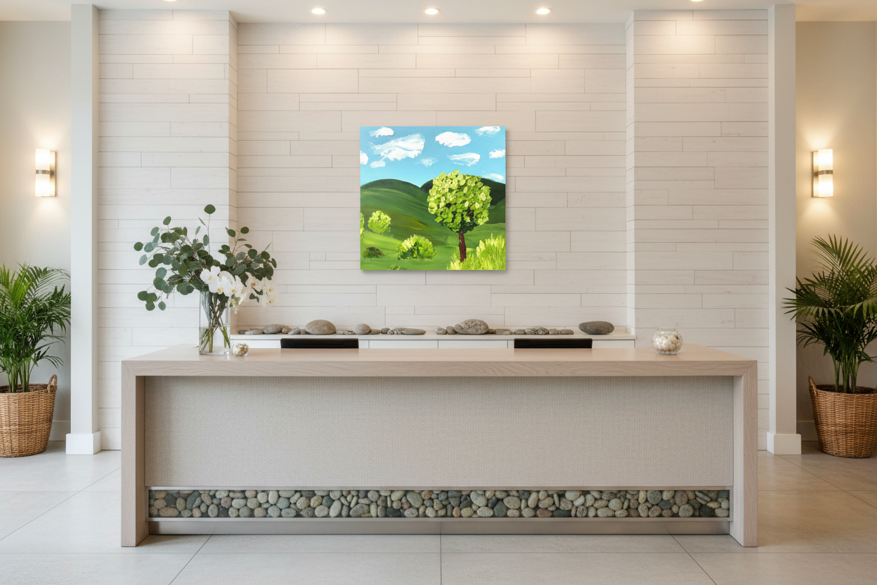 Happy Meadow unframed original impasto painting displayed as a proportionate 20x20 accent piece in a serene high-end luxury spa reception