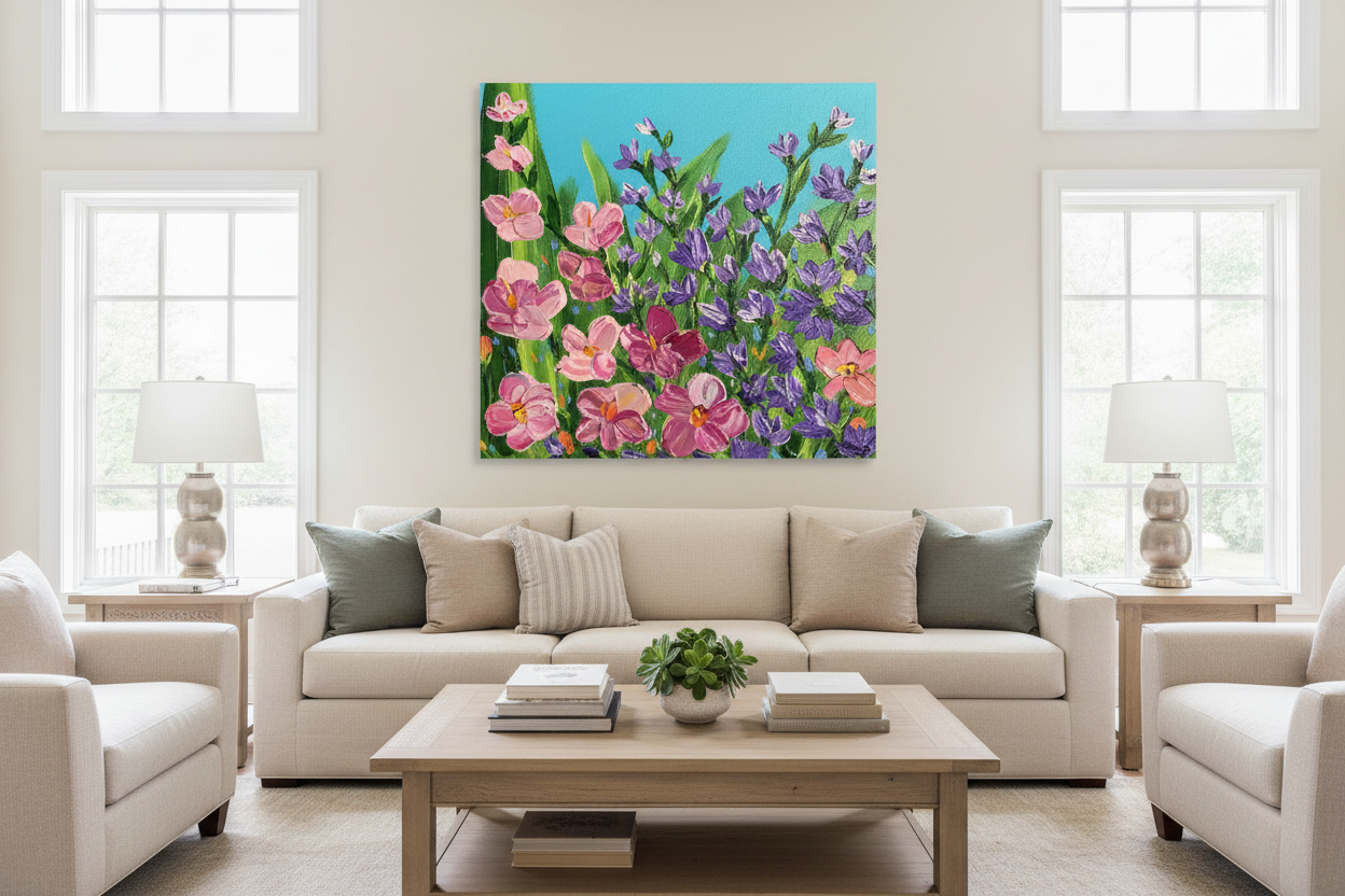 Sunlight's Kiss fine art canvas print 36x36 frameless gallery wrap as statement piece in grand living room