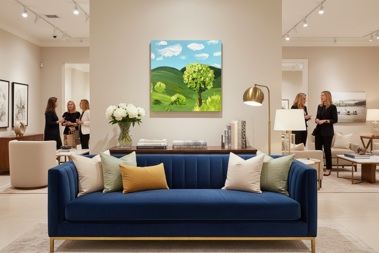 Happy Meadow unframed original impasto painting displayed as a proportionate 20x20 accent piece in a sophisticated boutique interior design showroom