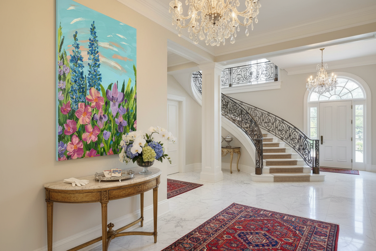 Reaching New Heights unframed original impasto floral painting displayed as a tall vertical focal point in a grand luxury estate entryway foyer