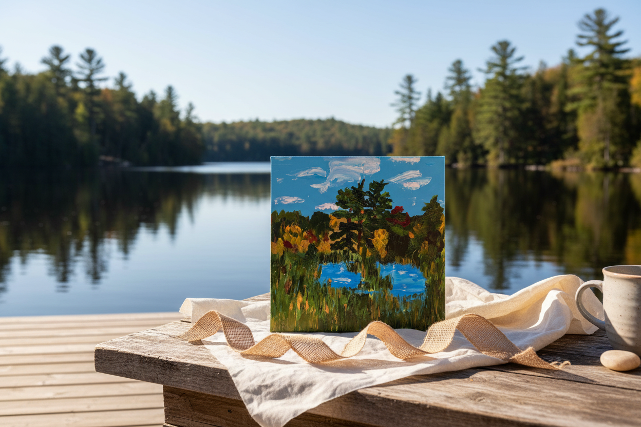 A Gem North of Port Sandfield – original 20x20 unframed impasto acrylic landscape painting displayed as an unwrapped gift on a weathered Muskoka dock with a calm lake, pine trees, and a canoe in the background