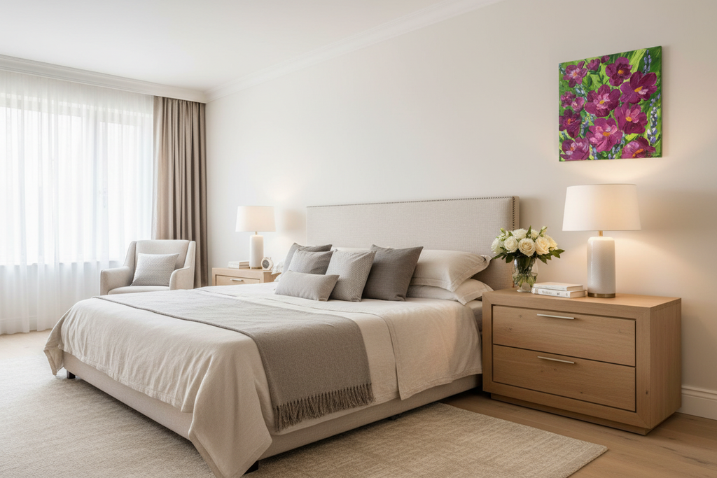 The Beauty of Friendship unframed original impasto floral painting displayed as a proportionate 12x12 accent piece above a nightstand in a luxury real estate staged bedroom