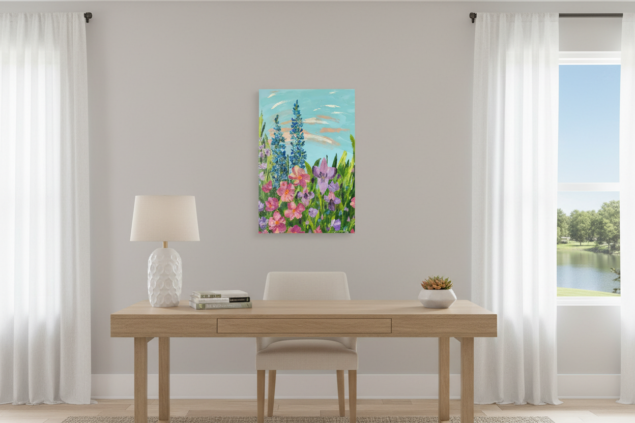 Reaching New Heights original floral impasto acrylic painting 24x36 by Louanne Ramage displayed in a bright home office with light wood desk, lamp, and lake view window