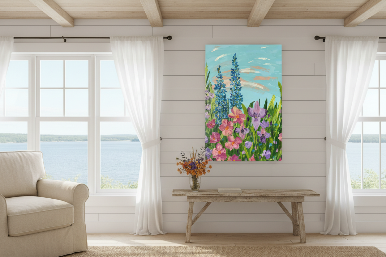 Reaching New Heights original floral impasto acrylic painting 24x36 by Louanne Ramage displayed in a bright cottage interior with large windows overlooking a serene lake