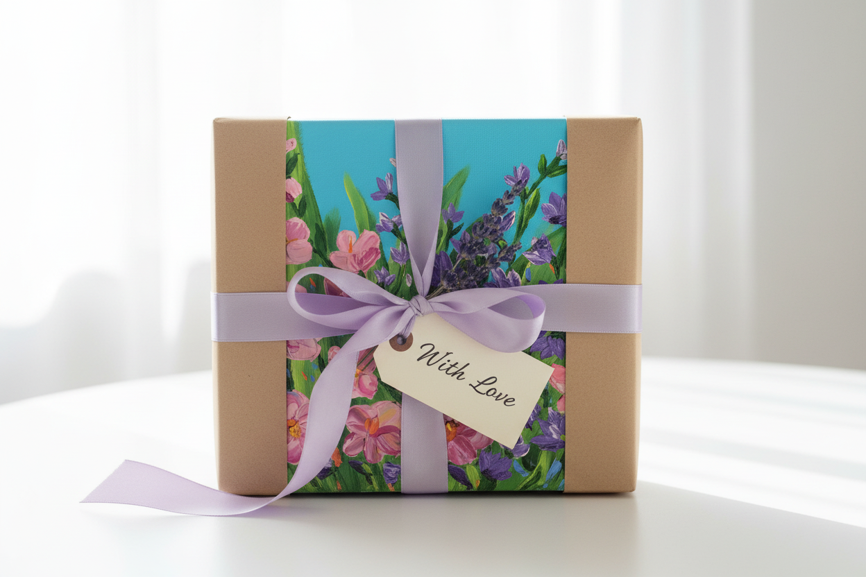 "Sunlight's Kiss" original impasto floral painting by Louanne Ramage presented as a gift, wrapped in kraft paper with a lavender satin ribbon, dried lavender sprigs and a handwritten gift label