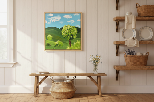 Happy Meadow original impasto acrylic painting 20x20 by Louanne Ramage displayed in a cozy country cottage kitchen setting with rustic decor