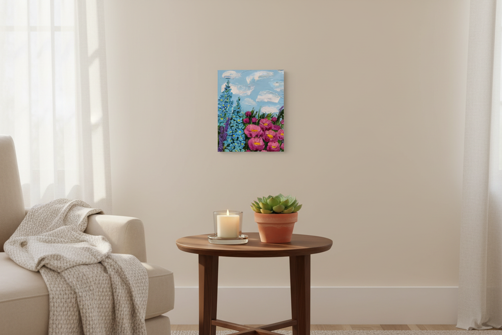 The Silver Lining In Bloom fine art canvas print 12x12 frameless gallery wrap on wall above side table