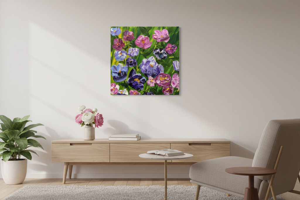 We Grow Together canvas print displayed gallery-wrapped in a cozy living room above a wooden console table