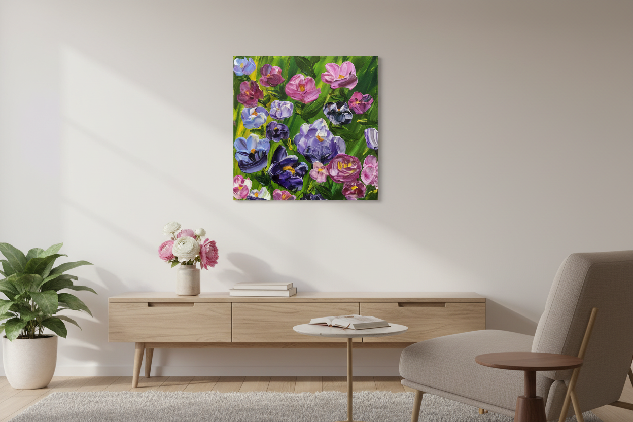 We Grow Together canvas print displayed gallery-wrapped in a cozy living room above a wooden console table