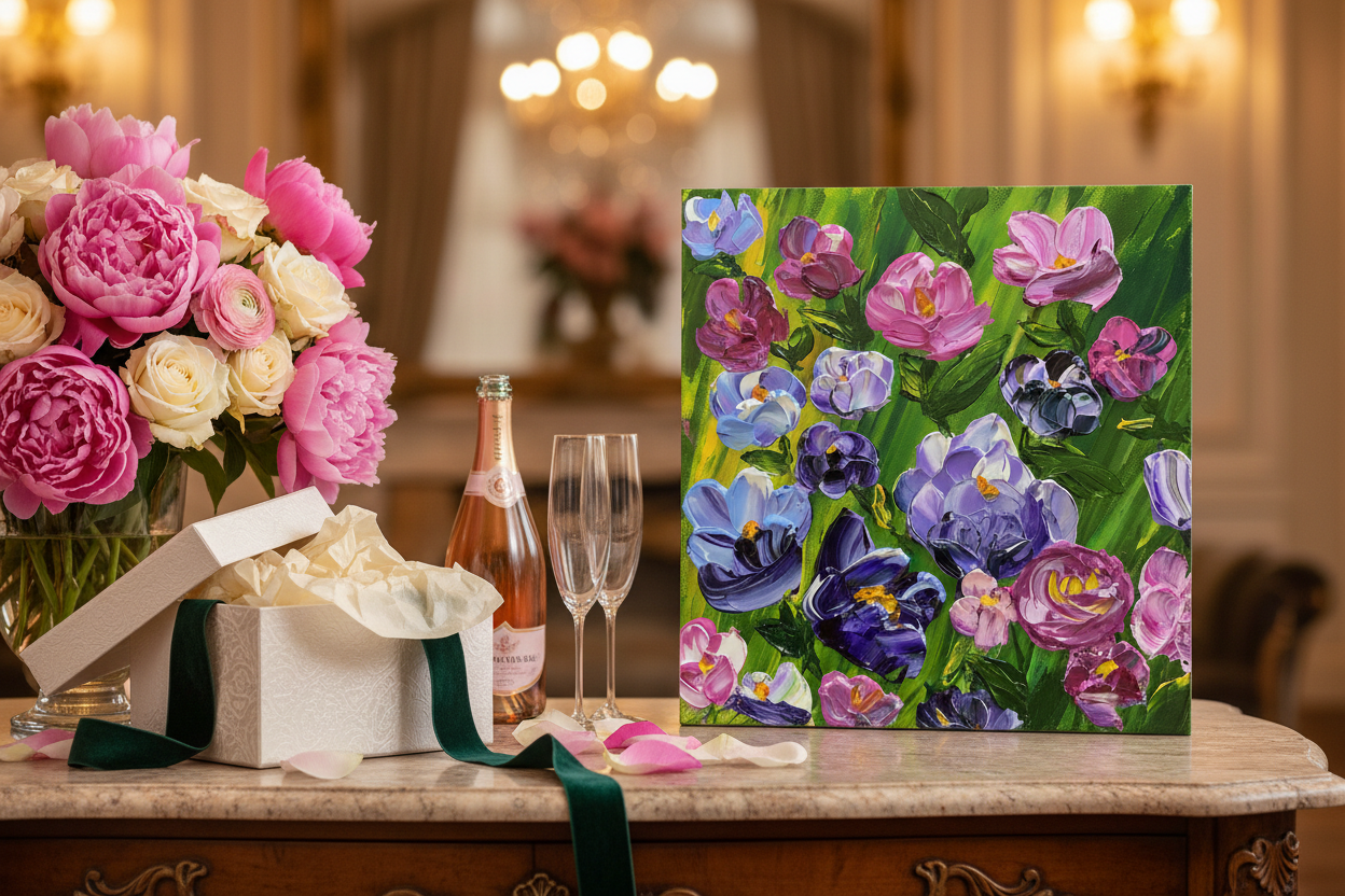 We Grow Together original acrylic impasto painting 12x12 by Louanne Ramage displayed in a lavish gift scene with fresh flowers, champagne, and satin ribbon