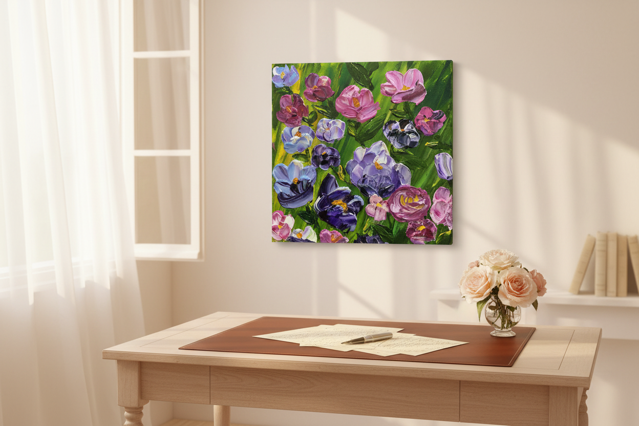 We Grow Together original acrylic impasto painting 12x12 by Louanne Ramage displayed on a bright airy romantic writer's desk with blush roses and sheer curtains