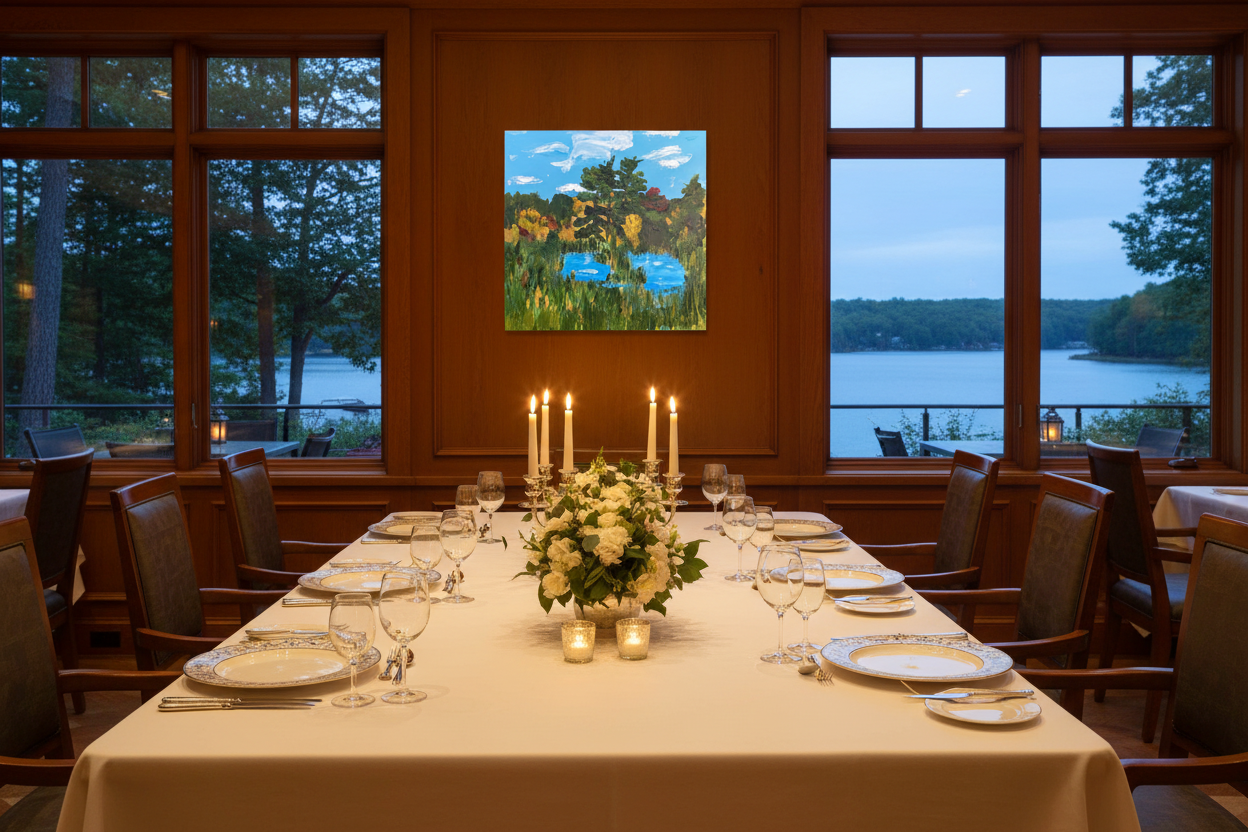 A Gem North of Port Sandfield unframed original impasto painting displayed as a proportionate 20x20 accent piece in an upscale lakeside waterfront restaurant