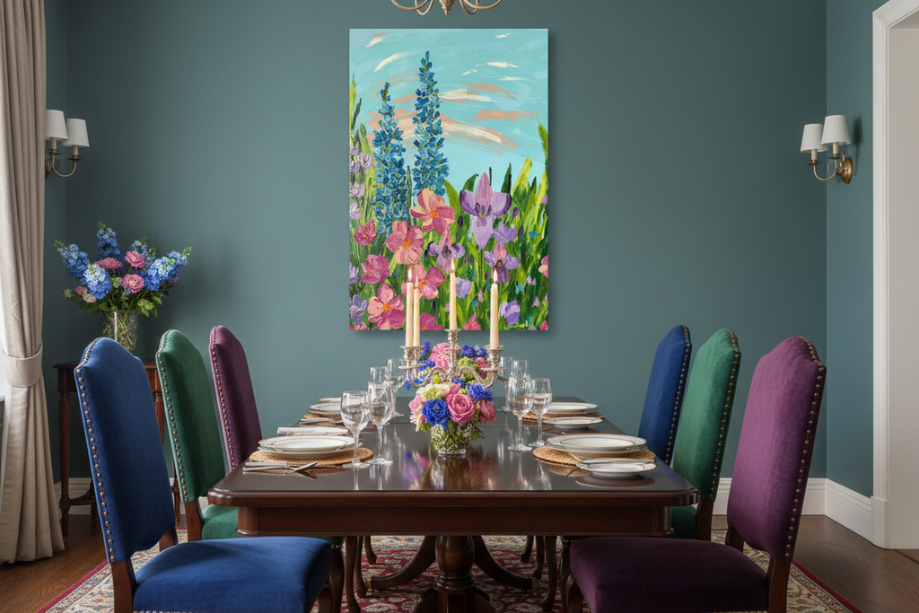 Reaching New Heights unframed original impasto floral painting displayed as a vertical centerpiece in an elegant formal dining room