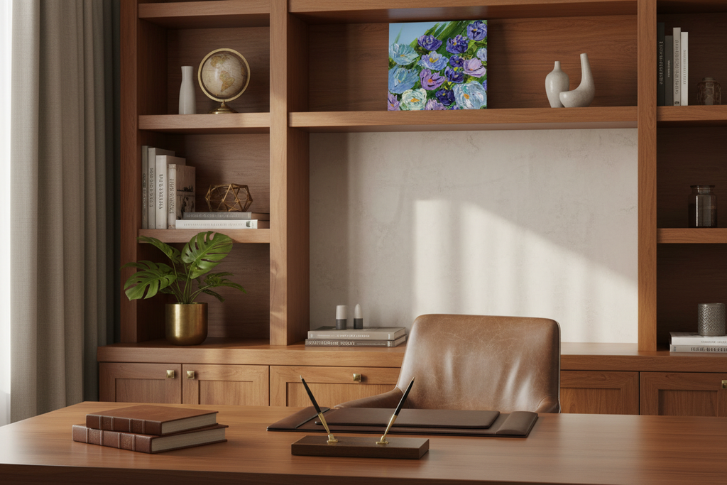 Tender Moments Abound unframed original impasto floral painting displayed as a proportionate 12x12 accent piece on a credenza in a sophisticated executive office