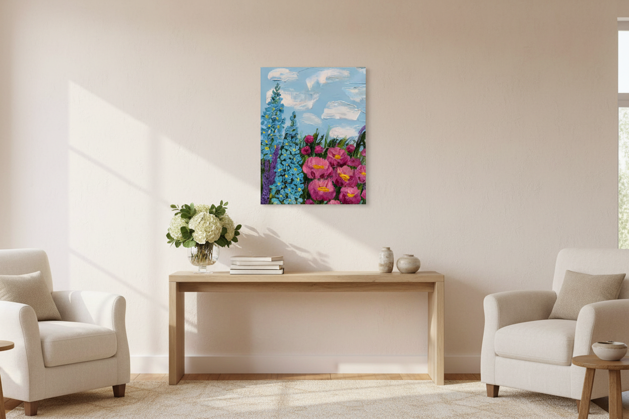 The Silver Lining In Bloom fine art canvas print 20x24 frameless gallery wrap above console table in living room