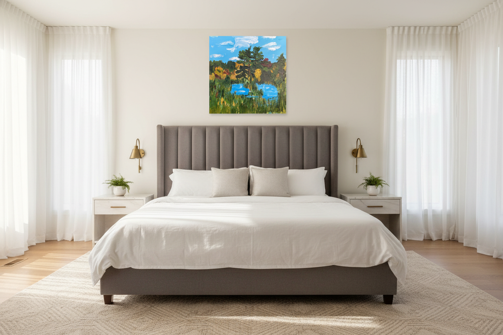 A Gem North of Port Sandfield painting displayed in a luxurious sun-filled bedroom, evoking a peaceful cottage memory