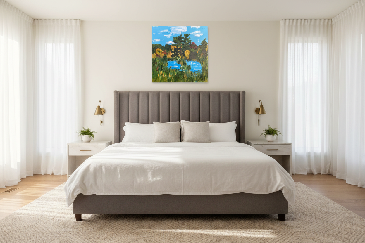 A Gem North of Port Sandfield painting displayed in a luxurious sun-filled bedroom, evoking a peaceful cottage memory