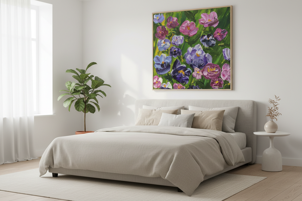 We Grow Together canvas print displayed in a bright Scandinavian-style bedroom above a linen bed