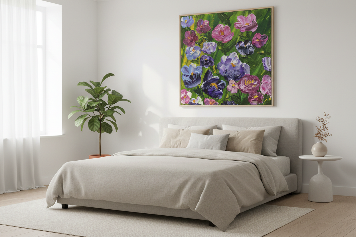 We Grow Together canvas print displayed in a bright Scandinavian-style bedroom above a linen bed
