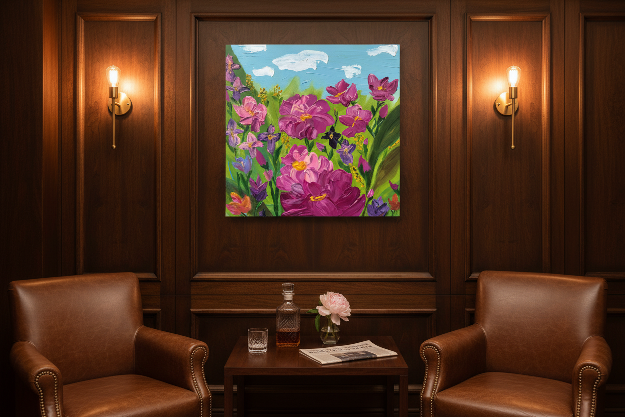 Where Hope Blooms unframed original impasto floral painting proportionately displayed in an exclusive private members club
