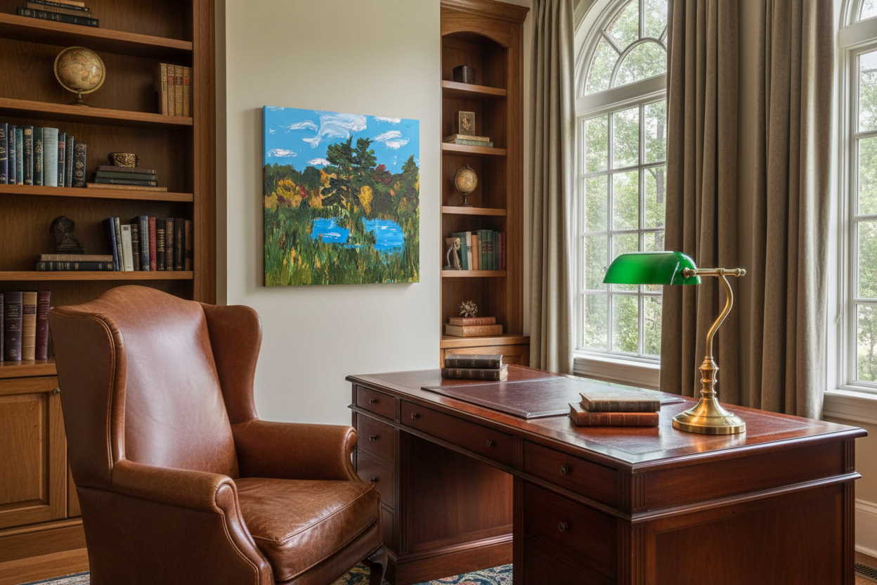 A Gem North of Port Sandfield – original 20x20 unframed impasto acrylic landscape painting displayed in a refined home office with a large leather chair, wooden desk, leather blotter, and warm brass lamp