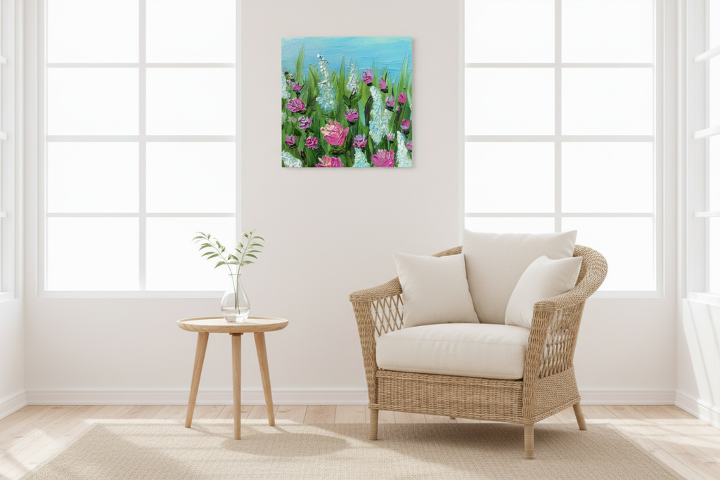 Pick Me displayed in a bright sunroom. Original impasto, textured floral painting by Louanne Ramage Fine Artist of Canada.