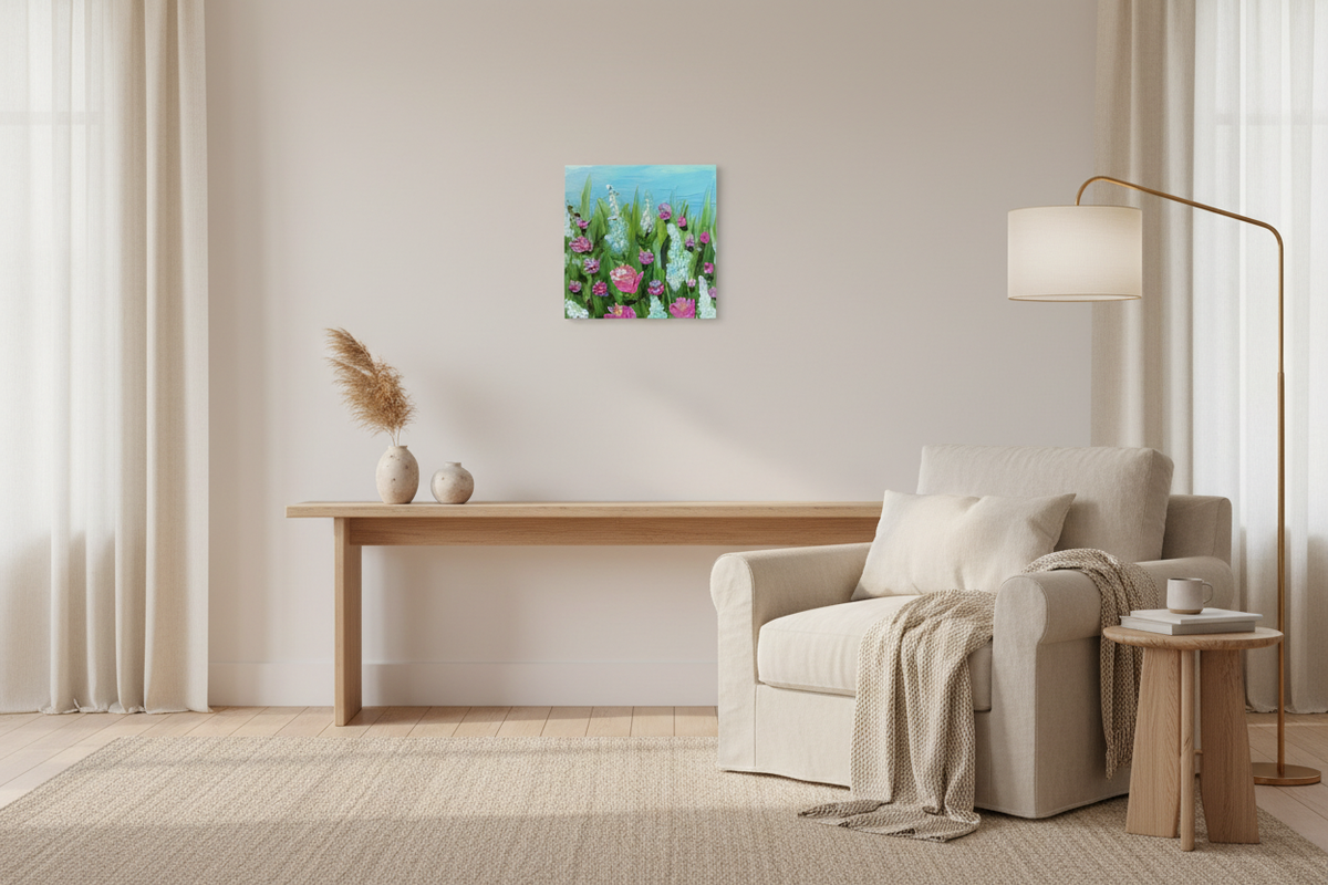 Pick Me displayed in an elegant living room.  Original impasto, textured floral painting by Louanne Ramage Fine Artist of Canada.
