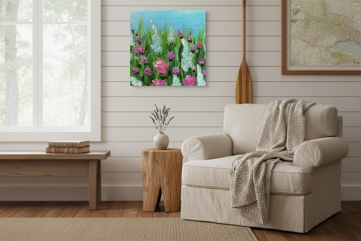 Pick Me displayed in an upscale cottage interior.  Original impasto, textured floral painting by Louanne Ramage Fine Artist of Canada.