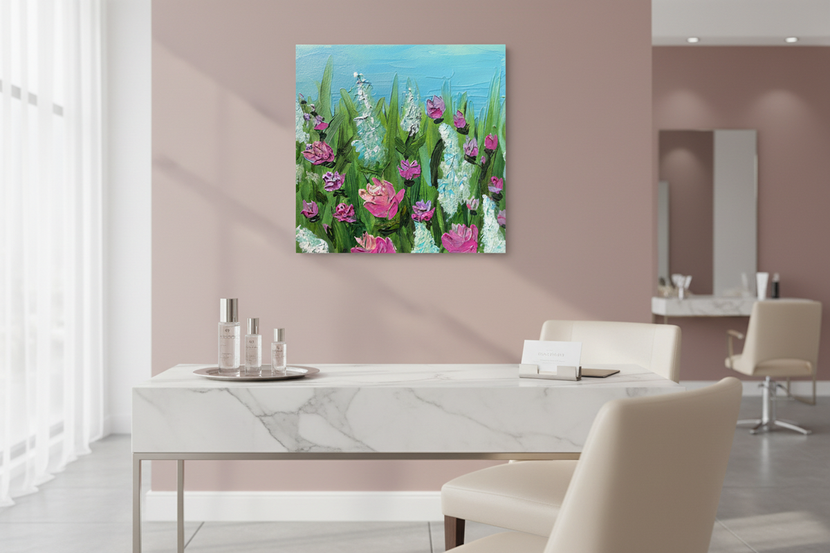Pick Me displayed in an upscale beauty salon.  Original impasto, textured floral painting by Louanne Ramage Fine Artist of Canada.